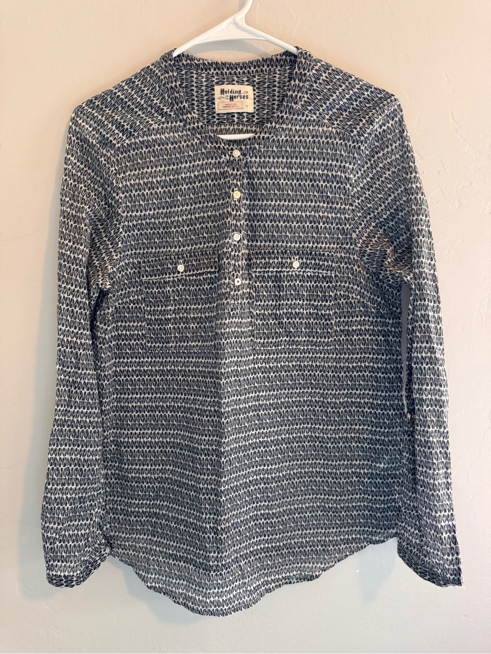 HOLDING HORSES Navy and White Patterned Henley Button-Up Top